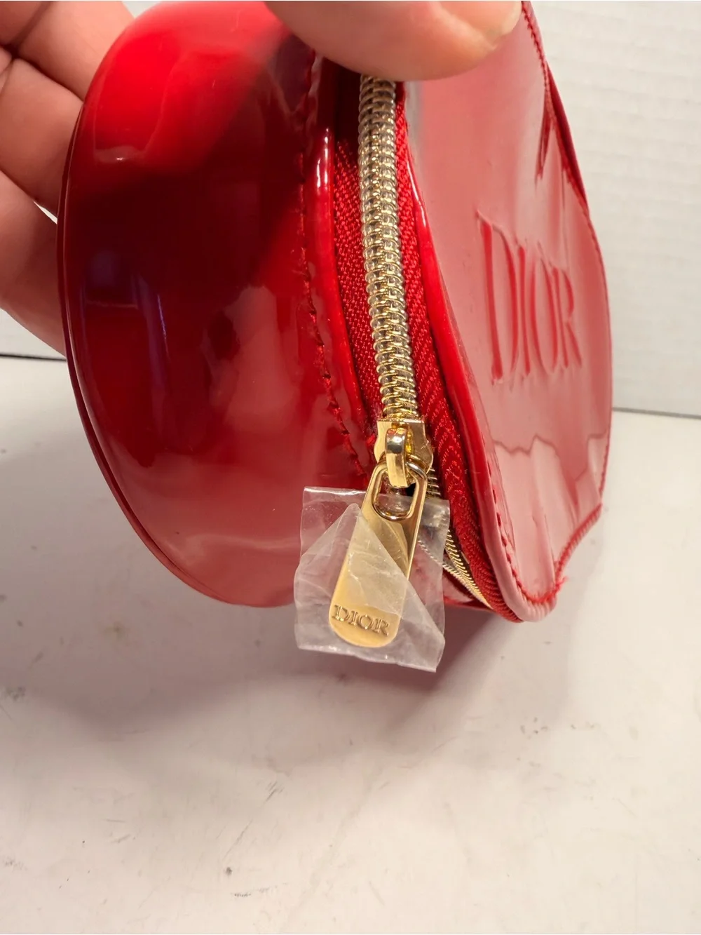 New Dior Beauty Red Patent Oval Cosmetic Toiletry Pouch with Handle